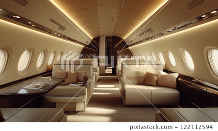 Interior of a lux passenger plane aircraft airplane. 122112594