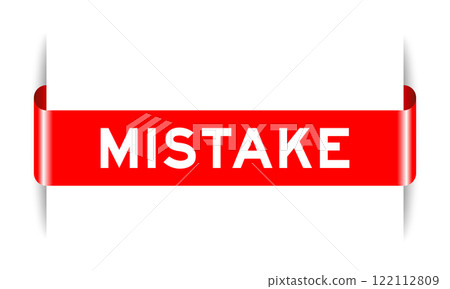 Red color inserted label banner with word mistake on white background 122112809