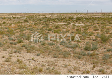 Expansive arid landscape of Mangystau Region reveals diverse vegetation and vast open skies Expansive arid landscape of Mangystau Region reveals diverse vegetation and vast open skies 122112811