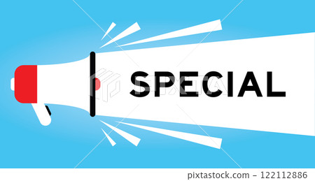 Color megaphone icon with word special in white banner on blue background 122112886