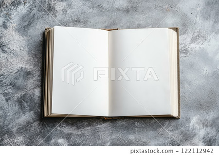 Empty book mockup with a clean white pages on a grey background. 122112942