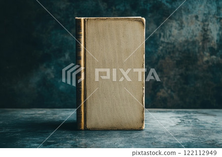 Old hardcover book mockup standing on a dark background. 122112949