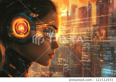 Future woman with cyber technology eye panel. 122112972