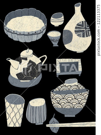 用水彩顏料繪製的日式餐具的單色插圖 122113375