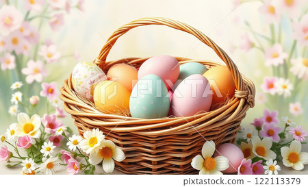 Multi-colored Easter eggs with spring flowers in a wicker basket. Festive spring mood, Easter card Multi-colored Easter eggs with spring flowers in a wicker basket. Festive spring mood, Easter card 122113379