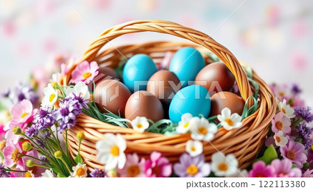Multi-colored Easter eggs with spring flowers in a wicker basket. Festive spring mood, Easter card Multi-colored Easter eggs with spring flowers in a wicker basket. Festive spring mood, Easter card 122113380