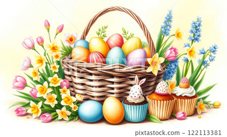 Multi-colored Easter eggs with spring flowers in a wicker basket. Festive spring mood, Easter card 122113381