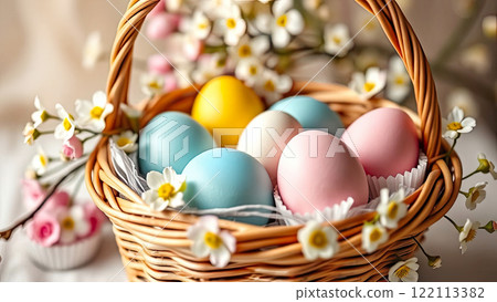 Multi-colored Easter eggs with spring flowers in a wicker basket. Festive spring mood, Easter card Multi-colored Easter eggs with spring flowers in a wicker basket. Festive spring mood, Easter card 122113382
