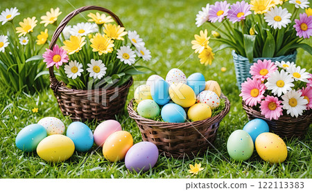 Multi-colored Easter eggs in a wicker basket. The basket stands on green grass with spring flowers. 122113383
