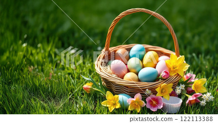 Multi-colored Easter eggs in a wicker basket. The basket stands on green grass with spring flowers. 122113388
