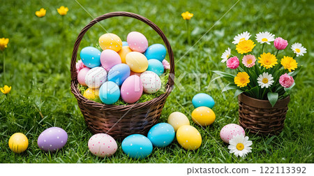 Multi-colored Easter eggs in a wicker basket. The basket stands on green grass with spring flowers. 122113392