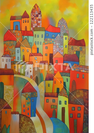Abstract art colorful background, simple  houses. Modern expressionism town painting. Ai generated 122113435