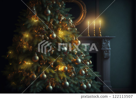 Christmas tree in a room with fireplace, gifts, candles, garlands. Decorated New Year interior. Festive atmosphere. 122113507