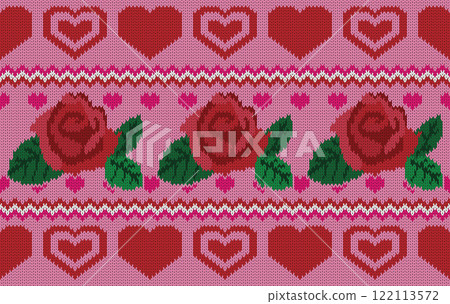 Knitted pattern seamless fabric Valentine day. traditional knitted pattern vector roses style. Designed for background ,wallpaper ,valentine ,clothing ,knitted pattern ,fabric ,embroidery ,textile 122113572