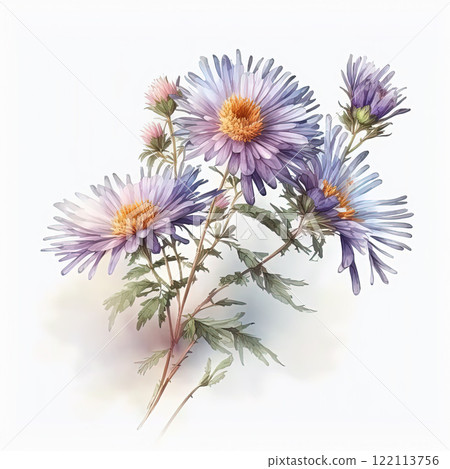 Watercolor aster illustration on white background. Flower art. Watercolor aster illustration on white background. Flower art. 122113756