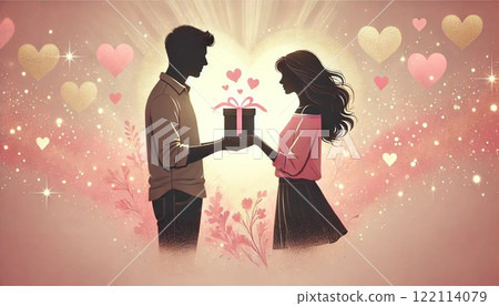 Silhouette of lovers giving a present (background pink 1 122114079