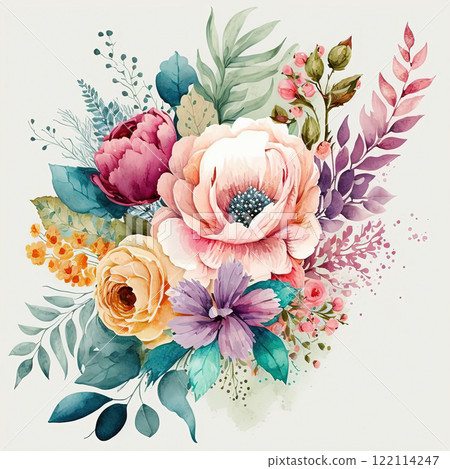 Watercolor colorful flowers bouquet isolated on white background. Wedding invitation. Botanical art print. 122114247