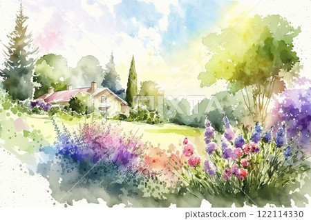 Watercolor summer landscape illustration, trees, meadow and flowers. Ai generated 122114330