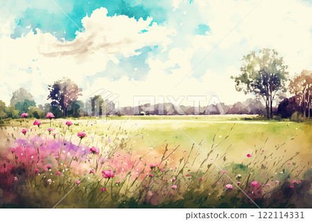 Watercolor summer landscape illustration, trees, meadow and flowers. Ai generated 122114331