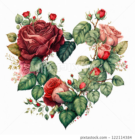 Watercolor illustration heart made of roses. Valentines day card. Red flowers bouquet clipart isolated on white background. 122114384
