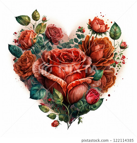 Watercolor illustration heart made of roses. Valentines day card. Red flowers bouquet clipart isolated on white background. 122114385
