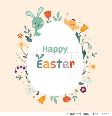 Happy Easter greeting card. Egg-shaped frame with spring flowers, Easter bunny, chicken, colorful eggs. Vector illustration in a flat style on a light background. Happy Easter greeting card. Egg-shaped frame with spring flowers, Easter bunny, chicken, colorful eggs. Vector illustration in a flat style on a light background. 122114442