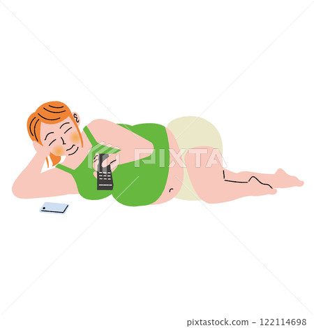 An obese woman lies down and operates a remote control An obese woman lies down and operates a remote control 122114698