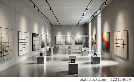 A sophisticated modern art gallery - a space where abstract paintings and contemporary sculptures come together 122114699