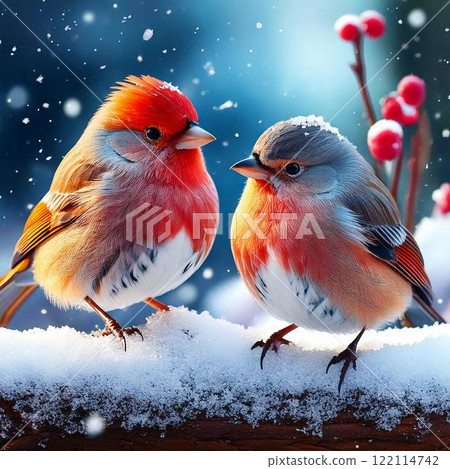 Two small brown birds perched on a branch in the snow 122114742