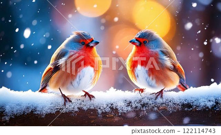 兩隻棕色小鳥棲息在雪中的樹枝上 122114743