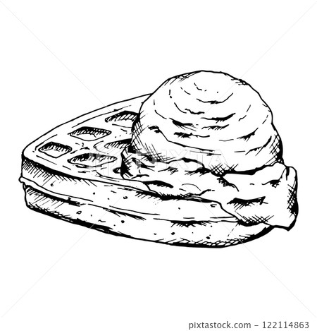 Hand drawn black and white vector illustration of a soft heart-shaped Belgian waffle with a scoop of ice cream. Perfect for bakery menus, dessert branding, packaging, holiday culinary designs Hand drawn black and white vector illustration of a soft heart-shaped Belgian waffle with a scoop of ice cream. Perfect for bakery menus, dessert branding, packaging, holiday culinary designs 122114863