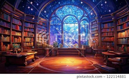 A magic school classroom in a corner of a gorgeous library 122114881
