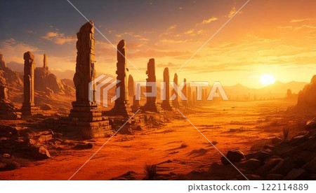 Ancient temple ruins standing in the vast desert Ancient temple ruins standing in the vast desert 122114889
