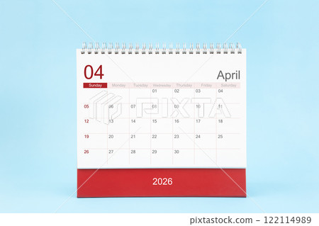 April 2026 Monthly desk calendar for 2026 year on blue color background, Front view. 122114989