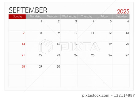 Calendar September 2025 page isolated on white background, Save clipping path. 122114997