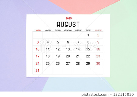August calendar card for 2025 year on colorful background. Flat lay. 122115030