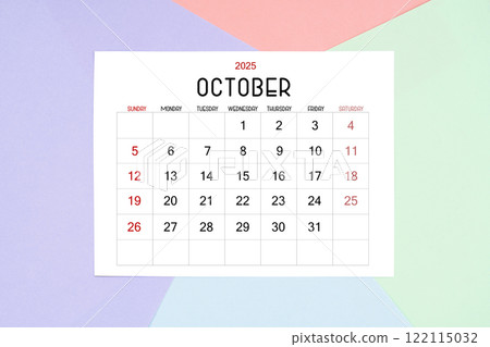 October calendar card for 2025 year on colorful background. Flat lay. 122115032