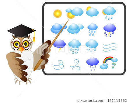 Meteorology icons set with owl teacher. Meteorology icons set with owl teacher. 122115562