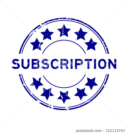 Grunge blue subscription word with star icon round rubber seal stamp on white background 122115743