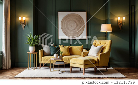 Cozy living room with stylish yellow seating and elegant decor in modern interior design 122115759