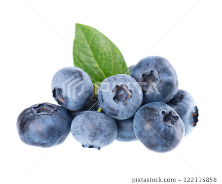 Fresh blueberry with green leaves, isolated on white background. Bilberry or whortleberry berries. Clipping path. Fresh blueberry with green leaves, isolated on white background. Bilberry or whortleberry berries. Clipping path. 122115858