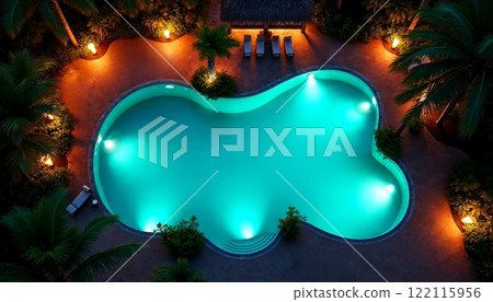 An illuminated tropical pool viewed from above [Generative AI] 122115956