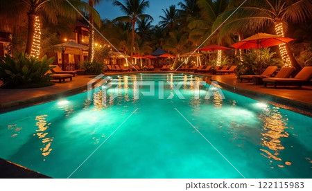 A tropical night pool scene in harmony with nature [Generative AI] 122115983