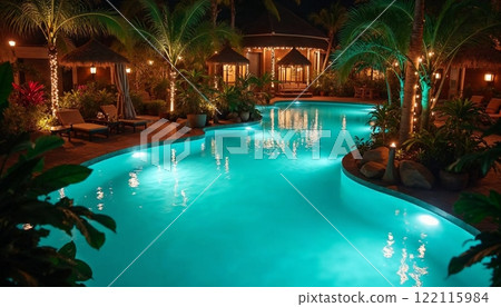 與大自然和諧相處的熱帶夜池風光【生成AI】 122115984