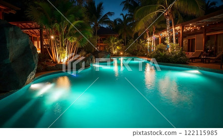 與大自然和諧相處的熱帶夜池風光【生成AI】 122115985