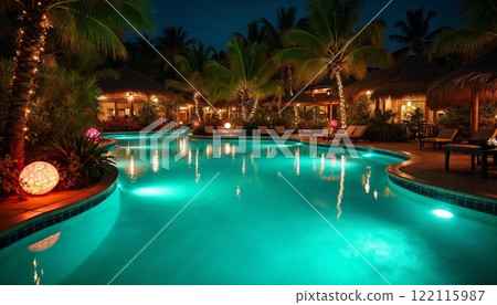 與大自然和諧相處的熱帶夜池風光【生成AI】 122115987