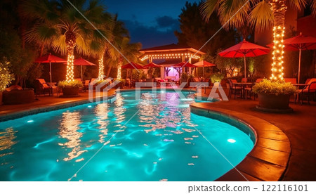 A resort-like pool party space for enjoying summer nights [Generative AI] 122116101