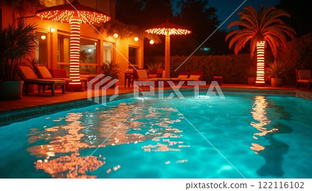 享受夏日夜晚的度假勝地氛圍的泳池派對空間[Generative AI] 122116102