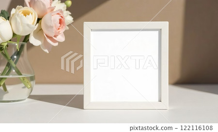 Blank white letterhead in wooden frame on desk, space for text, invitation mockup. Minimal business brand template. Soft shadow 122116108