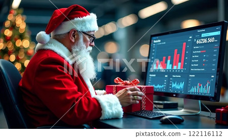 Santa Claus sits in front of his computer, preparing online Christmas gifts and checking stock market quote charts Santa Claus sits in front of his computer, preparing online Christmas gifts and checking stock market quote charts 122116112